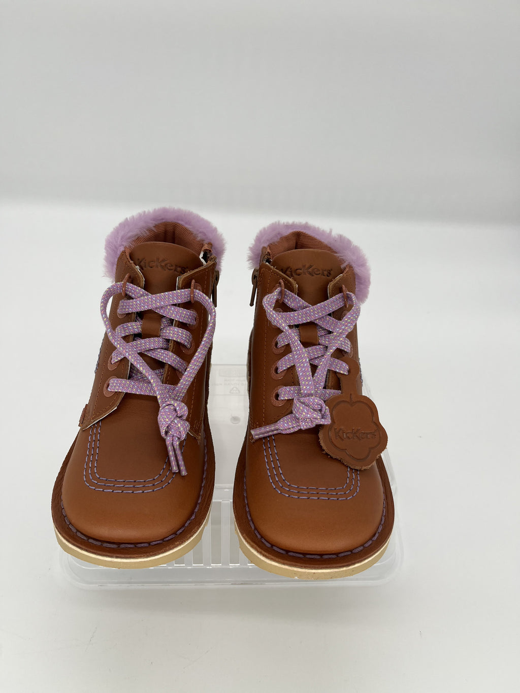 Kickers Tan Lace-Up Ankle Boots with Lilac Pom Pom Trim - Size UK 13( EU 32)