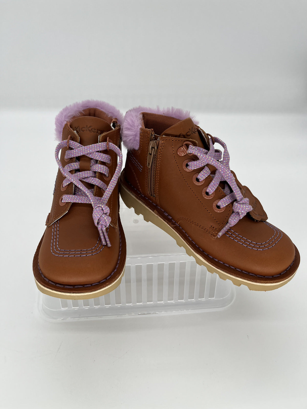 Kickers Tan Lace-Up Ankle Boots with Lilac Pom Pom Trim - Size UK 13( EU 32)
