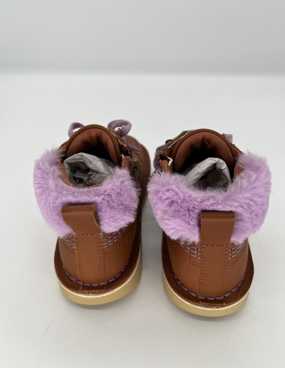Kickers Tan Lace-Up Ankle Boots with Lilac Pom Pom Trim - Size UK 13( EU 32)