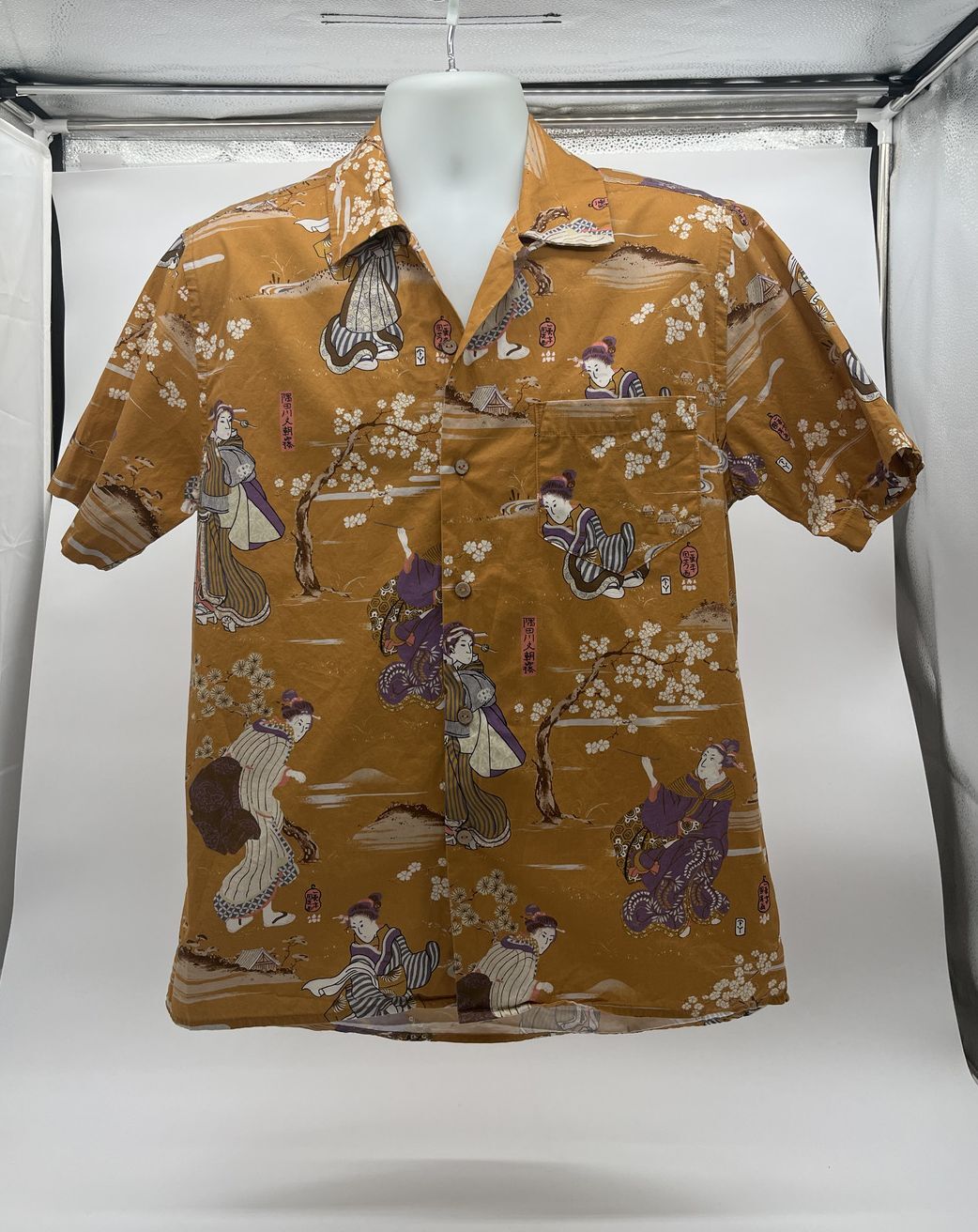 Percival Japanese Print Cuban Collar Shirt Yellow Mustard Size L