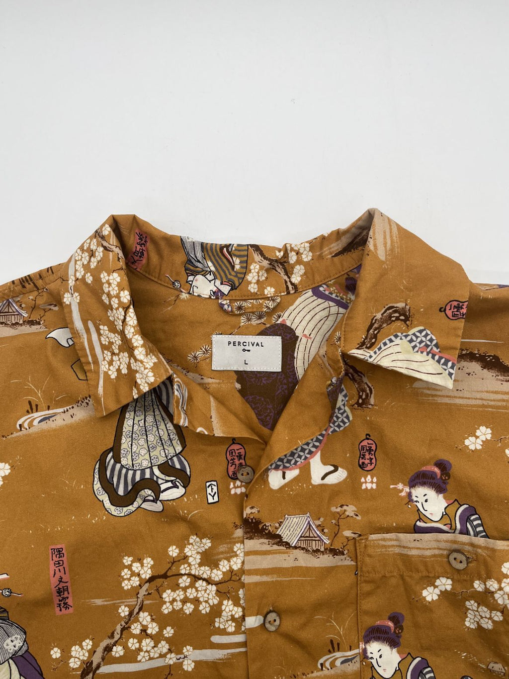 Percival Japanese Print Cuban Collar Shirt Yellow Mustard Size L