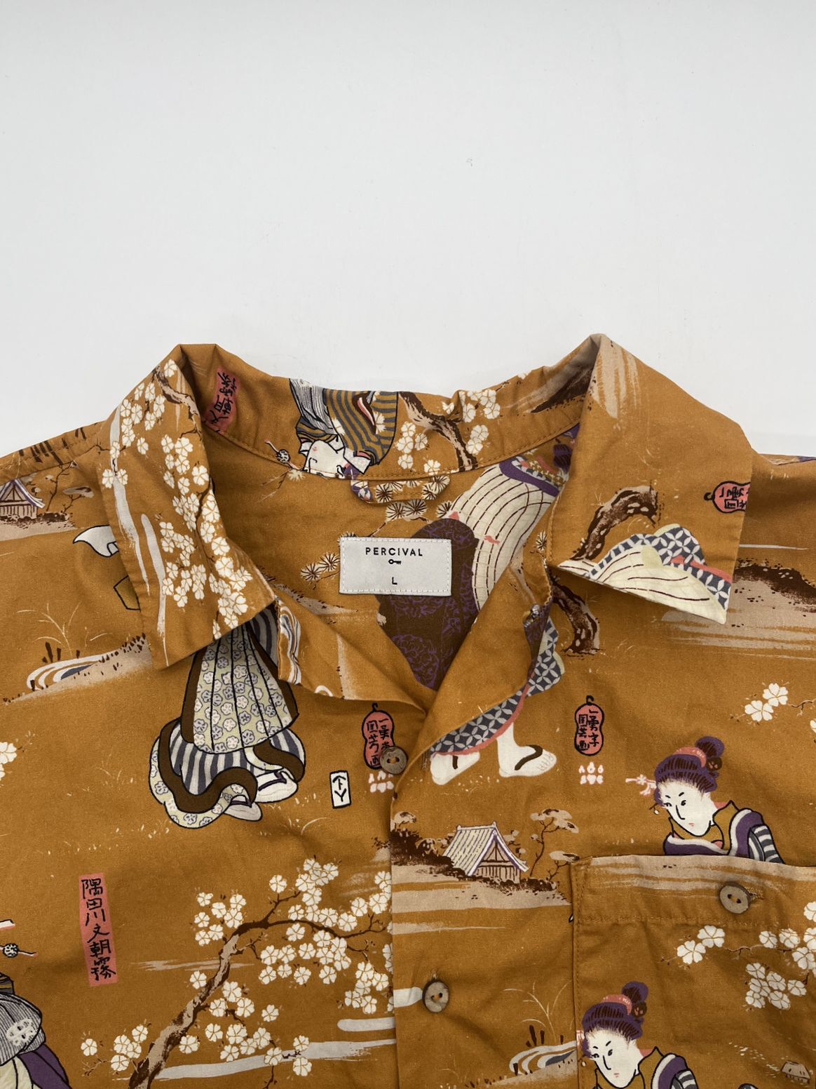Percival Japanese Print Cuban Collar Shirt Yellow Mustard Size L