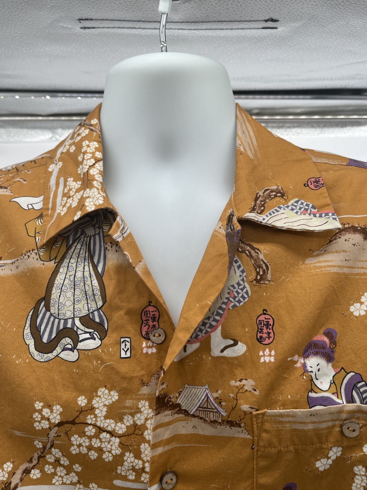Percival Japanese Print Cuban Collar Shirt Yellow Mustard Size L