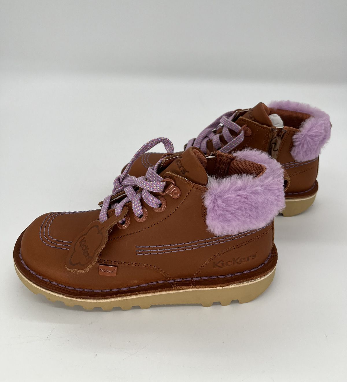 Kickers Tan Lace-Up Ankle Boots with Lilac Pom Pom Trim - Size UK 13( EU 32)
