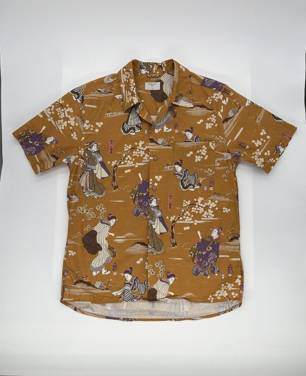 Percival Japanese Print Cuban Collar Shirt Yellow Mustard Size L