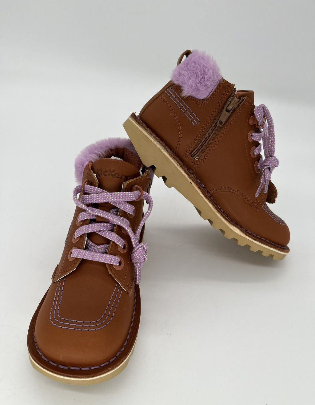 Kickers Tan Lace-Up Ankle Boots with Lilac Pom Pom Trim - Size UK 13( EU 32)