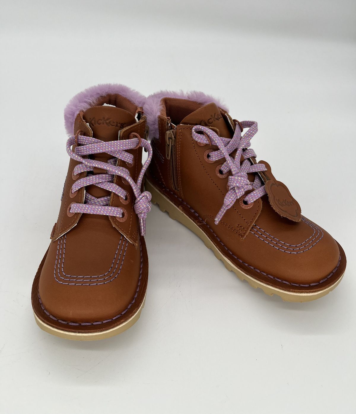 Kickers Tan Lace-Up Ankle Boots with Lilac Pom Pom Trim - Size UK 13( EU 32)