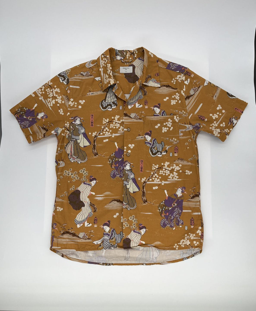 Percival Japanese Print Cuban Collar Shirt Yellow Mustard Size L