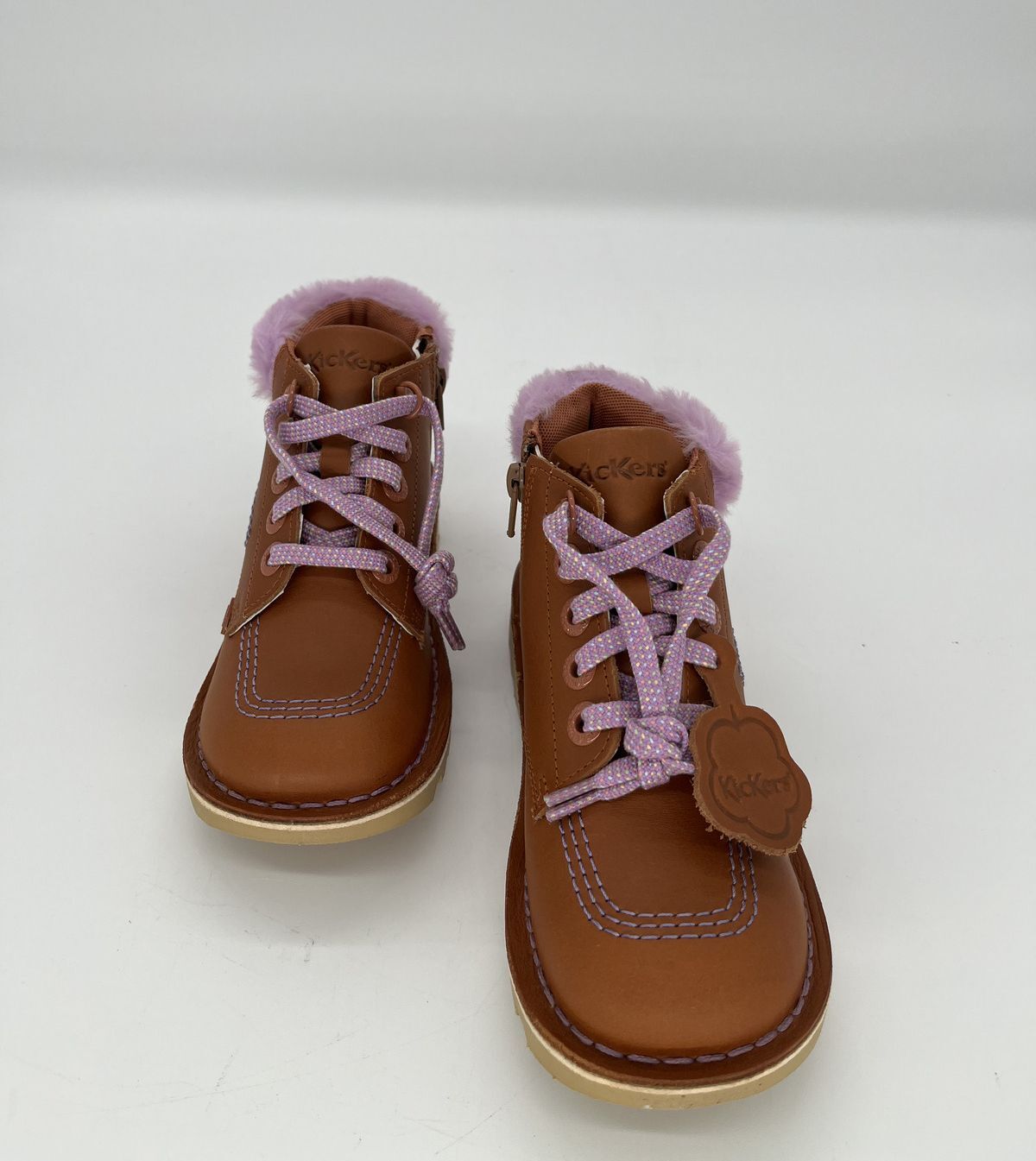 Kickers Tan Lace-Up Ankle Boots with Lilac Pom Pom Trim - Size UK 13( EU 32)